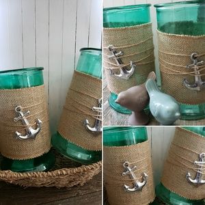 1 Nautical Turquoise Candle Glass Holders w/Ancher